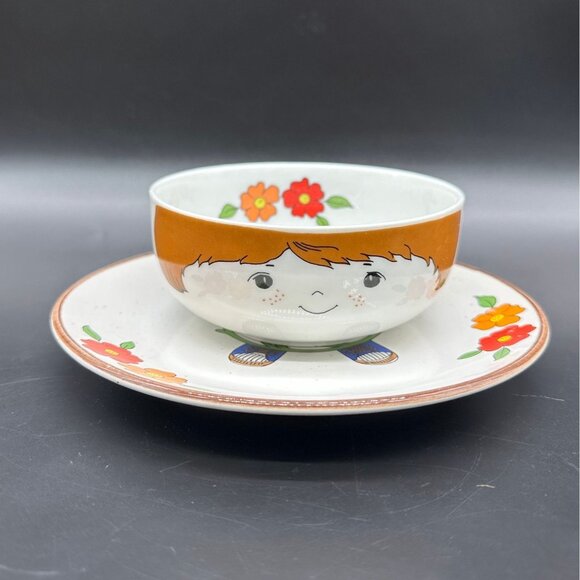 Vintage Childs Plate Bowl Set Blue Shoes Fred Roberts Interpur Japan Kitschy 70s - Picture 2 of 10